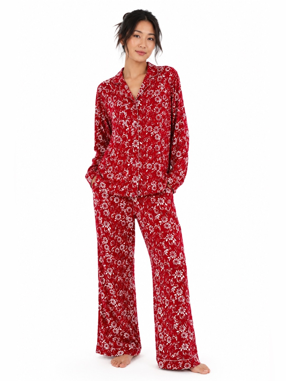 Cabernet Red Floral Button-Front Pajama Set